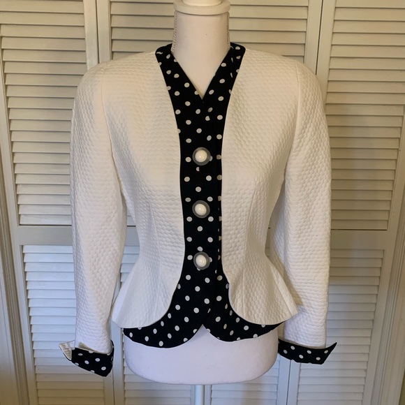 Ilie Wacs Jackets & Blazers - Ilie Wacs Vintage Polka Dot Trim Peplum White Jacket Made in USA 1980’s